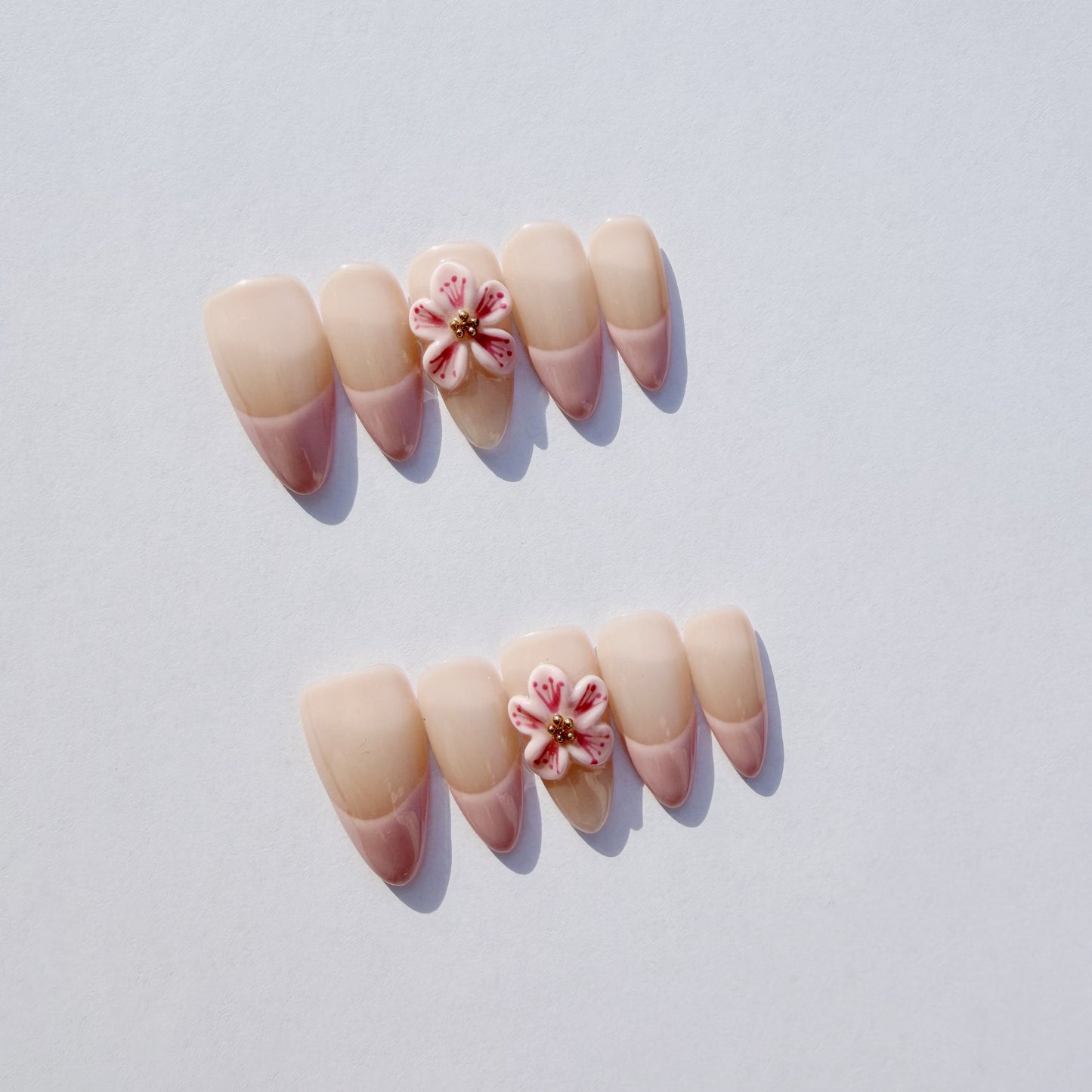 Luxury Press-On Nails | Pink & Nude French Manicure with 3D Cherry Blossom | Reusable, Almond Shape