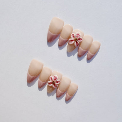 Luxury Press-On Nails | Pink & Nude French Manicure with 3D Cherry Blossom | Reusable, Almond Shape