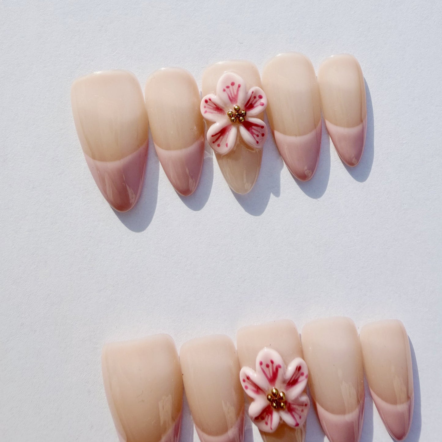 Luxury Press-On Nails | Pink & Nude French Manicure with 3D Cherry Blossom | Reusable, Almond Shape