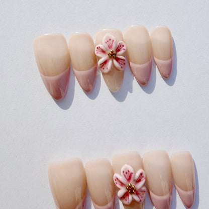 Luxury Press-On Nails | Pink & Nude French Manicure with 3D Cherry Blossom | Reusable, Almond Shape