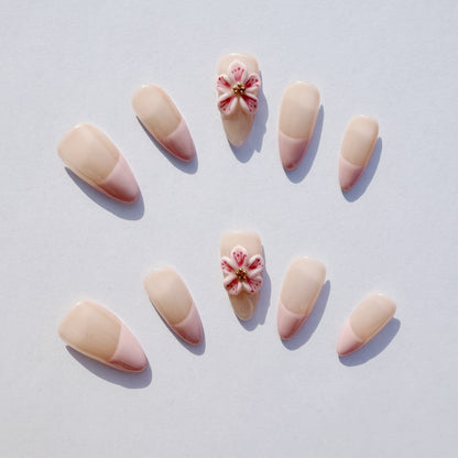 Luxury Press-On Nails | Pink & Nude French Manicure with 3D Cherry Blossom | Reusable, Almond Shape
