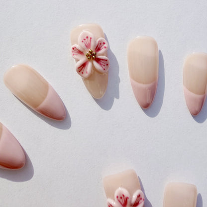 Luxury Press-On Nails | Pink & Nude French Manicure with 3D Cherry Blossom | Reusable, Almond Shape