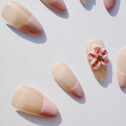 Luxury Press-On Nails | Pink & Nude French Manicure with 3D Cherry Blossom | Reusable, Almond Shape