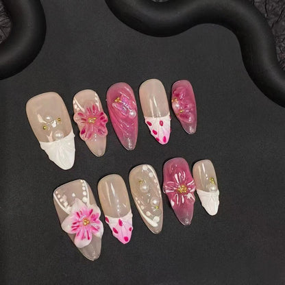 Luxury Press-On Nails | Pink & Nude 3D Floral & Pearl French Manicure | Reusable, Stiletto Shape