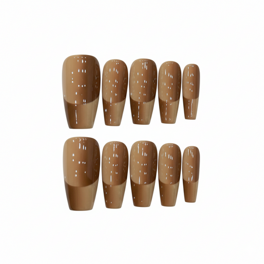 Chic Two-Tone Brown Press-On Nails – Glossy Neutral Short Square | Modern Manicure Set