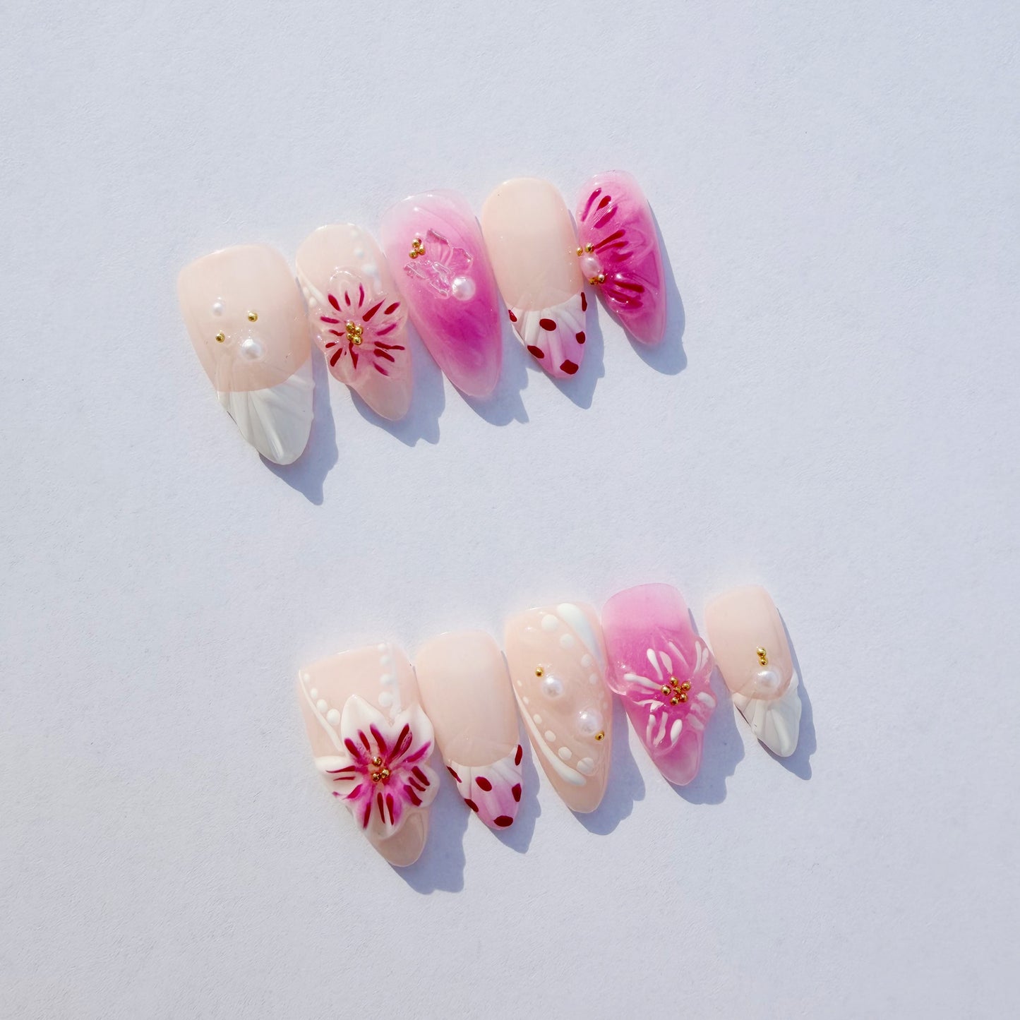 Luxury Press-On Nails | Pink & Nude 3D Floral & Pearl French Manicure | Reusable, Stiletto Shape