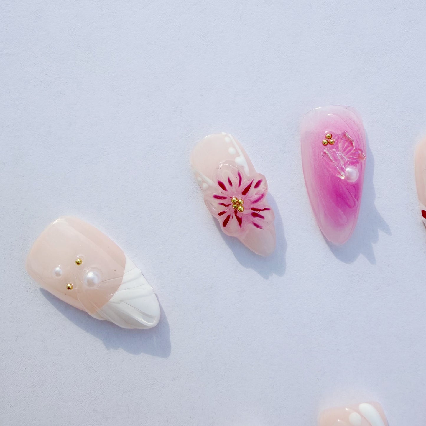 Luxury Press-On Nails | Pink & Nude 3D Floral & Pearl French Manicure | Reusable, Stiletto Shape