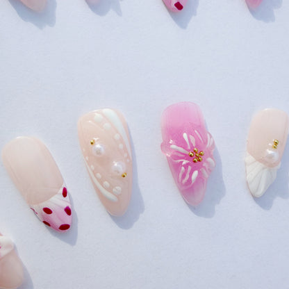 Luxury Press-On Nails | Pink & Nude 3D Floral & Pearl French Manicure | Reusable, Stiletto Shape