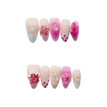 Luxury Press-On Nails | Pink & Nude 3D Floral & Pearl French Manicure | Reusable, Stiletto Shape