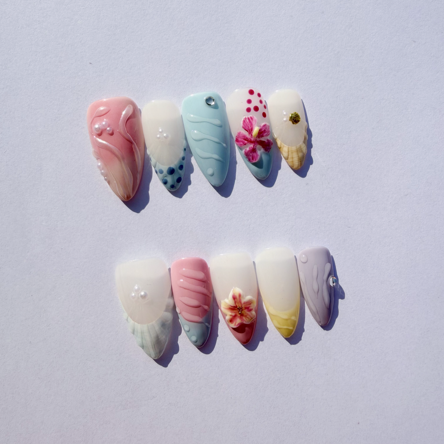 Luxury Press-On Nails | Pink & Nude 3D Floral & Pearl French Manicure | Reusable, Almond Shape