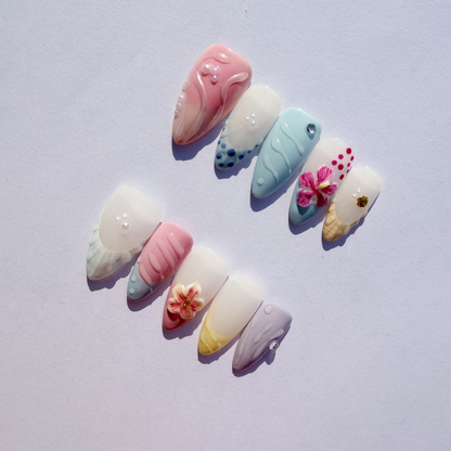 Luxury Press-On Nails | Pink & Nude 3D Floral & Pearl French Manicure | Reusable, Almond Shape