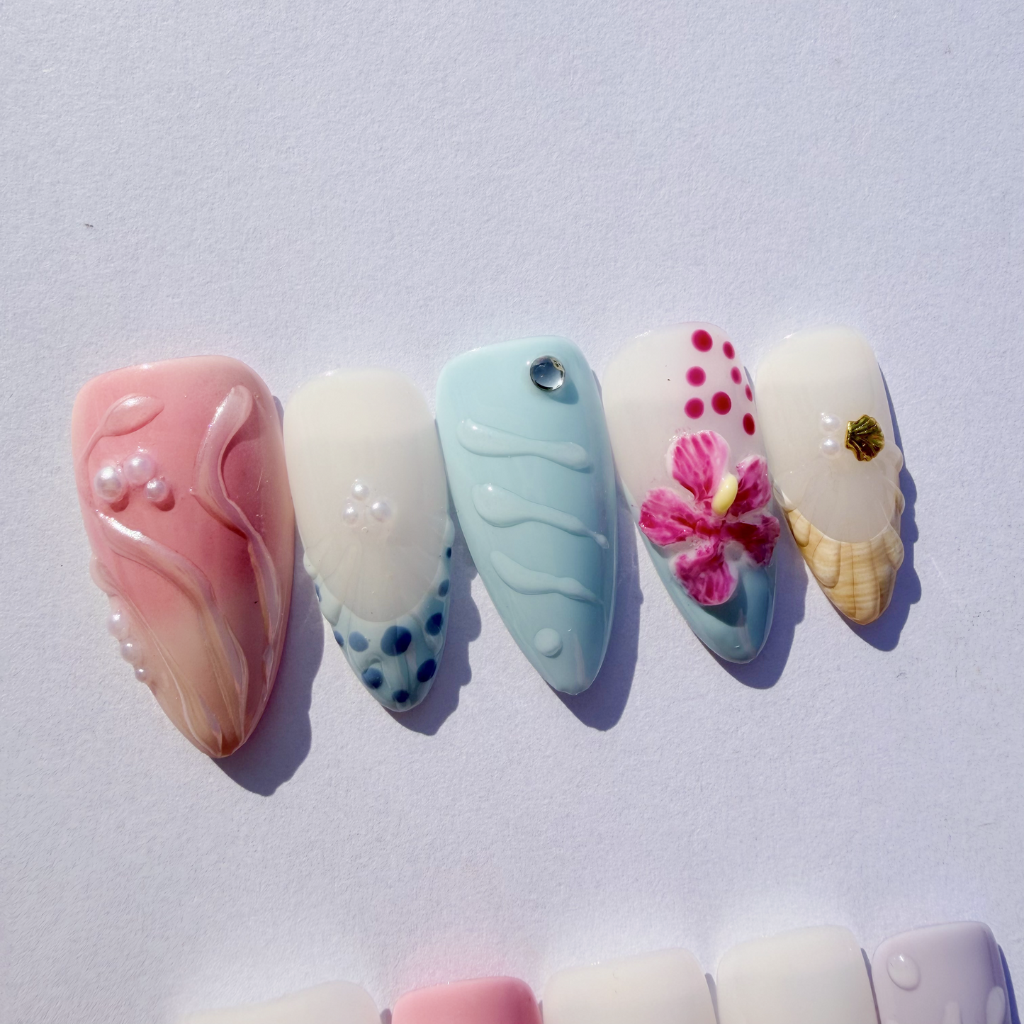 Luxury Press-On Nails | Pink & Nude 3D Floral & Pearl French Manicure | Reusable, Almond Shape