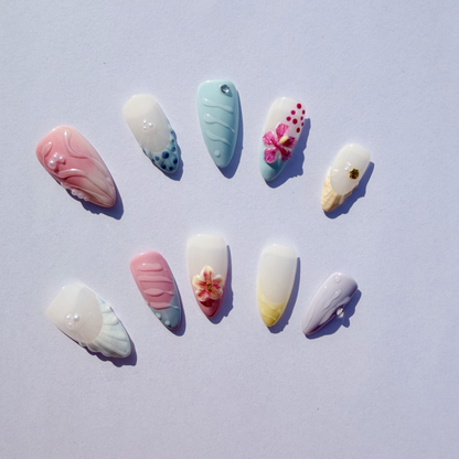 Luxury Press-On Nails | Pink & Nude 3D Floral & Pearl French Manicure | Reusable, Almond Shape