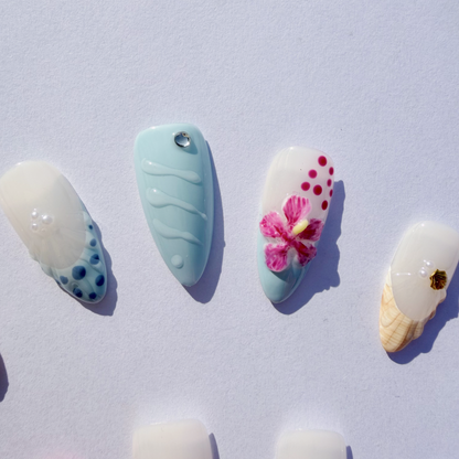 Luxury Press-On Nails | Pink & Nude 3D Floral & Pearl French Manicure | Reusable, Almond Shape