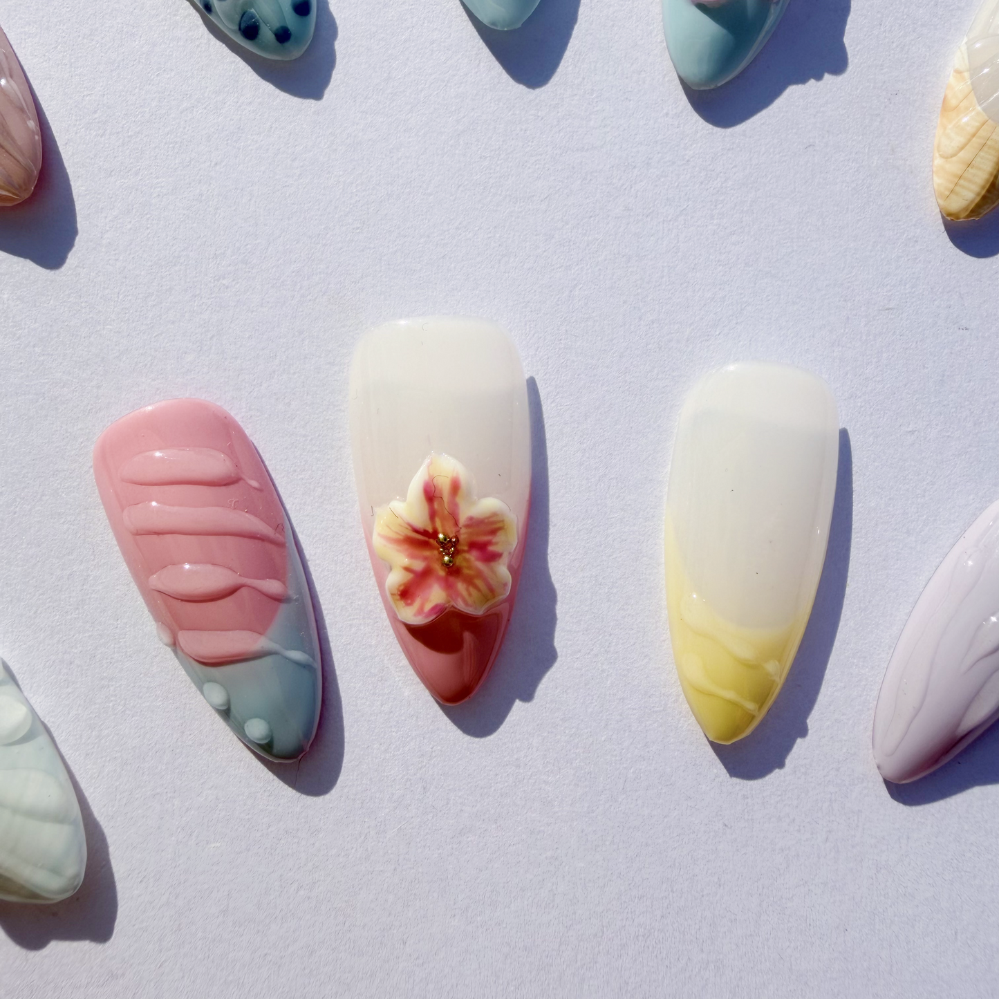 Luxury Press-On Nails | Pink & Nude 3D Floral & Pearl French Manicure | Reusable, Almond Shape