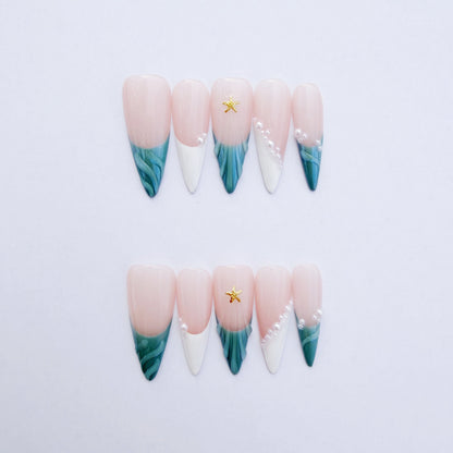 Luxury Press-On Nails | Iridescent Mermaid French Tip & Pearl Cluster | Reusable, Long Stiletto Shape