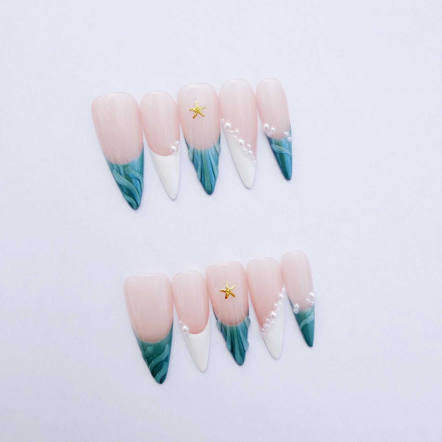 Luxury Press-On Nails | Iridescent Mermaid French Tip & Pearl Cluster | Reusable, Long Stiletto Shape