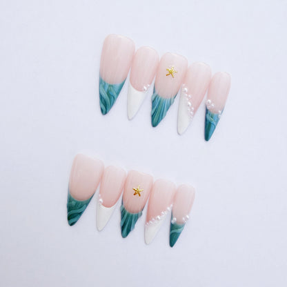 Luxury Press-On Nails | Iridescent Mermaid French Tip & Pearl Cluster | Reusable, Long Stiletto Shape