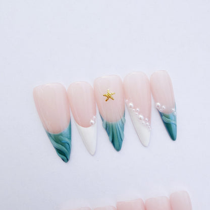 Luxury Press-On Nails | Iridescent Mermaid French Tip & Pearl Cluster | Reusable, Long Stiletto Shape