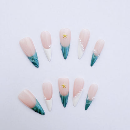 Luxury Press-On Nails | Iridescent Mermaid French Tip & Pearl Cluster | Reusable, Long Stiletto Shape