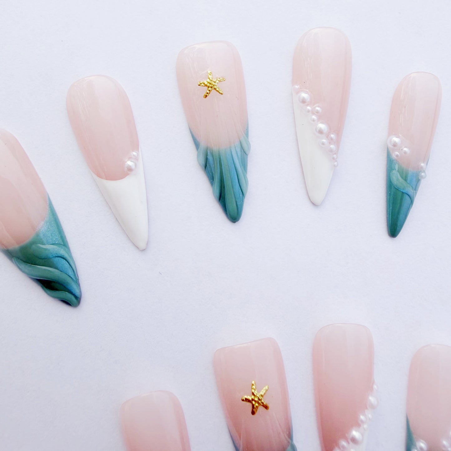 Luxury Press-On Nails | Iridescent Mermaid French Tip & Pearl Cluster | Reusable, Long Stiletto Shape