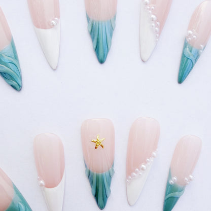 Luxury Press-On Nails | Iridescent Mermaid French Tip & Pearl Cluster | Reusable, Long Stiletto Shape