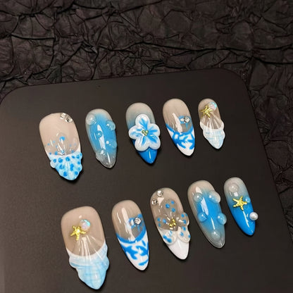 Luxury Press-On Nails | Blue Nautical Mix-and-Match with 3D Shell & Flower | Reusable, Almond Shape