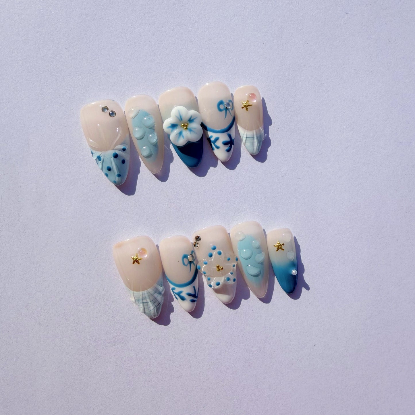 Luxury Press-On Nails | Blue Nautical Mix-and-Match with 3D Shell & Flower | Reusable, Almond Shape