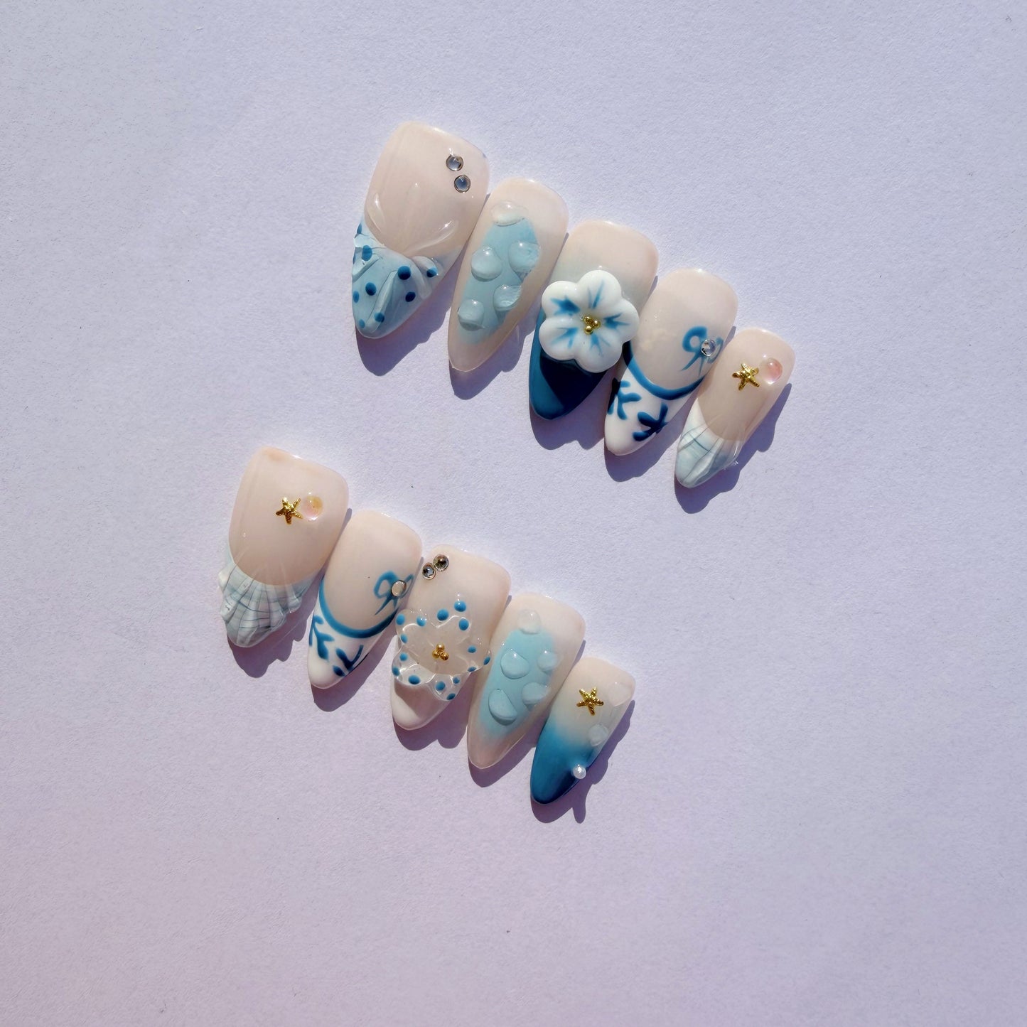 Luxury Press-On Nails | Blue Nautical Mix-and-Match with 3D Shell & Flower | Reusable, Almond Shape