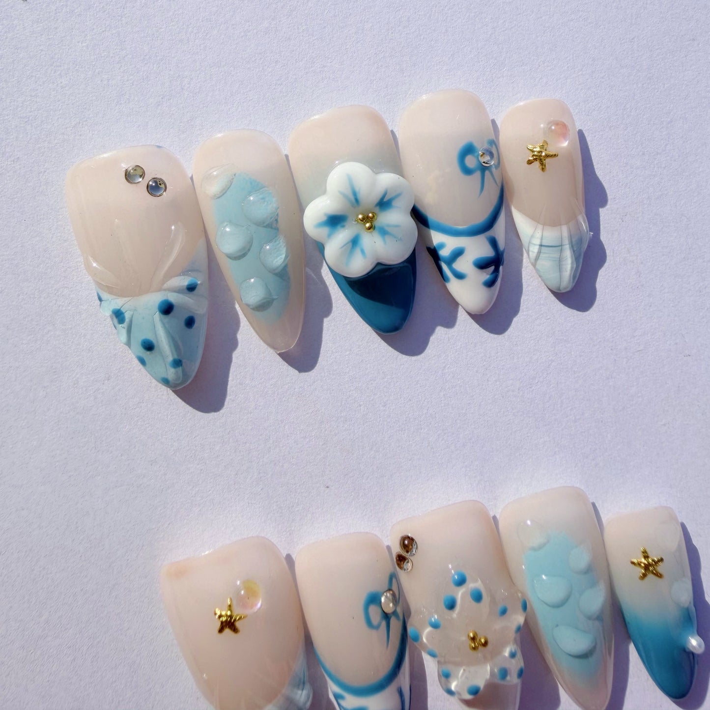 Luxury Press-On Nails | Blue Nautical Mix-and-Match with 3D Shell & Flower | Reusable, Almond Shape
