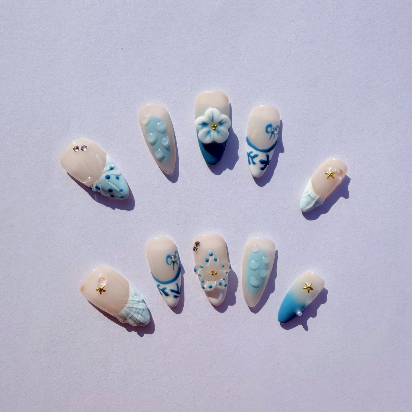 Luxury Press-On Nails | Blue Nautical Mix-and-Match with 3D Shell & Flower | Reusable, Almond Shape