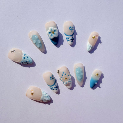 Luxury Press-On Nails | Blue Nautical Mix-and-Match with 3D Shell & Flower | Reusable, Almond Shape