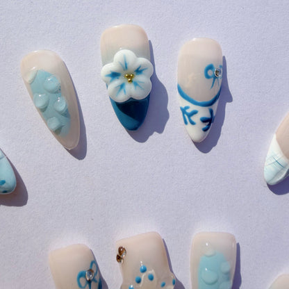 Luxury Press-On Nails | Blue Nautical Mix-and-Match with 3D Shell & Flower | Reusable, Almond Shape