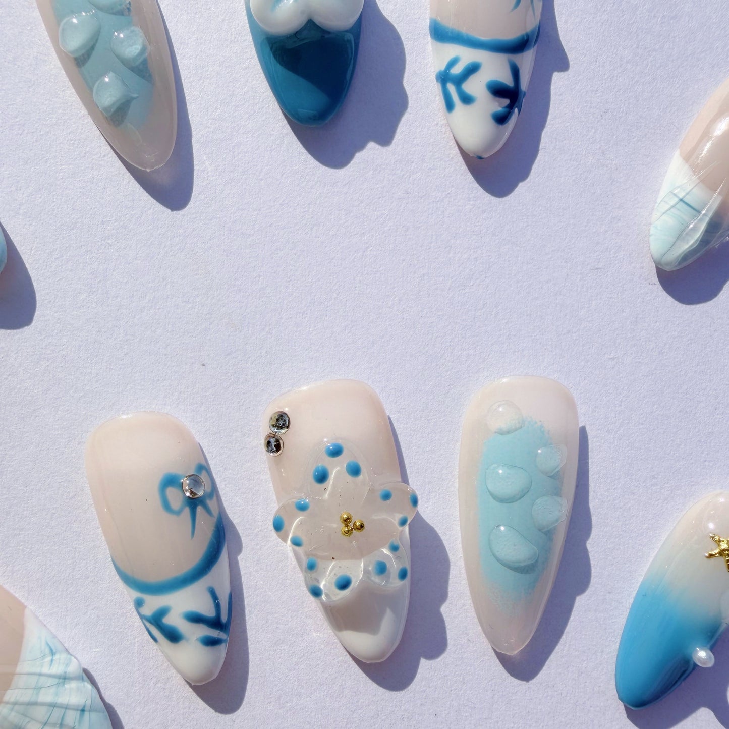 Luxury Press-On Nails | Blue Nautical Mix-and-Match with 3D Shell & Flower | Reusable, Almond Shape