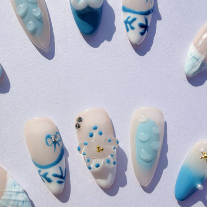 Luxury Press-On Nails | Blue Nautical Mix-and-Match with 3D Shell & Flower | Reusable, Almond Shape