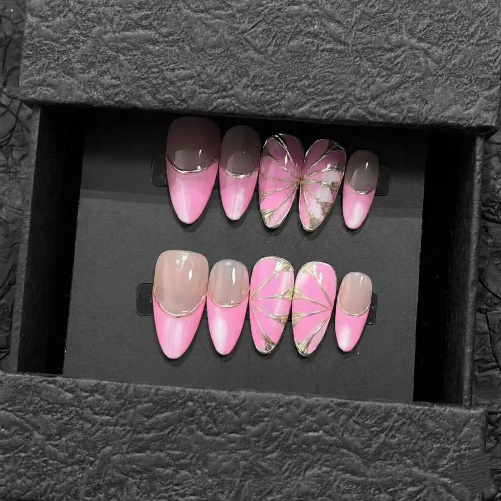 Luxury Press-On Nails | Pink & Nude French Manicure with Gold Foil Butterfly | Reusable, Almond Shape