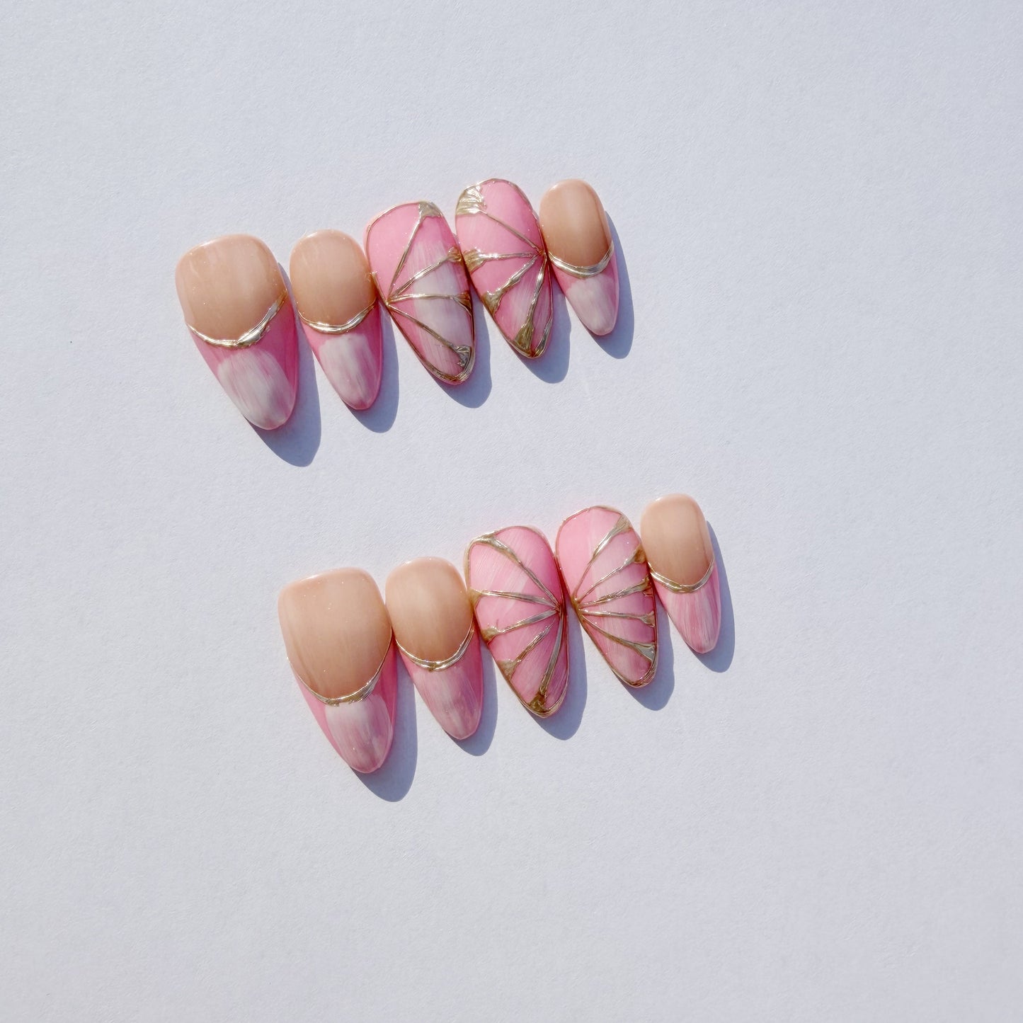 Luxury Press-On Nails | Pink & Nude French Manicure with Gold Foil Butterfly | Reusable, Almond Shape