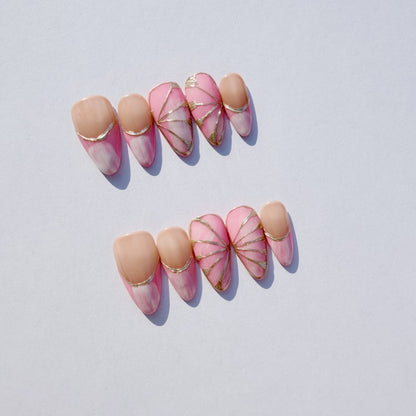 Luxury Press-On Nails | Pink & Nude French Manicure with Gold Foil Butterfly | Reusable, Almond Shape