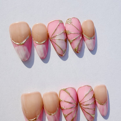 Luxury Press-On Nails | Pink & Nude French Manicure with Gold Foil Butterfly | Reusable, Almond Shape