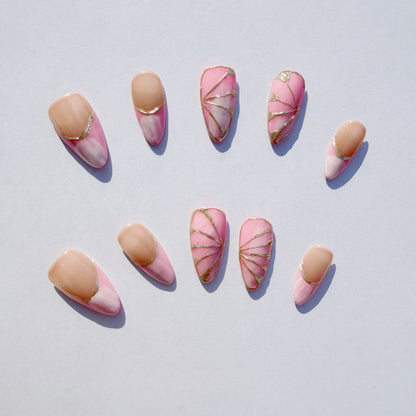 Luxury Press-On Nails | Pink & Nude French Manicure with Gold Foil Butterfly | Reusable, Almond Shape