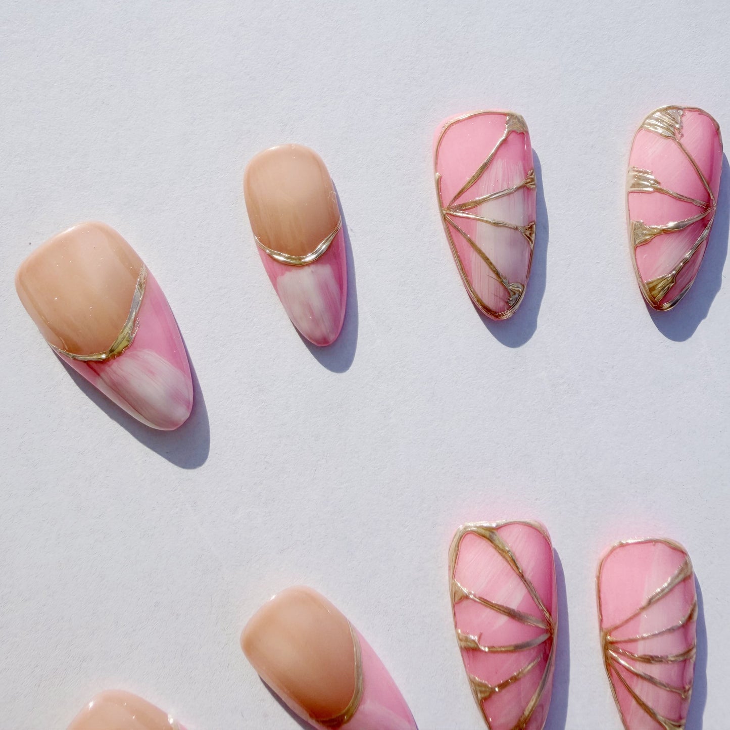 Luxury Press-On Nails | Pink & Nude French Manicure with Gold Foil Butterfly | Reusable, Almond Shape