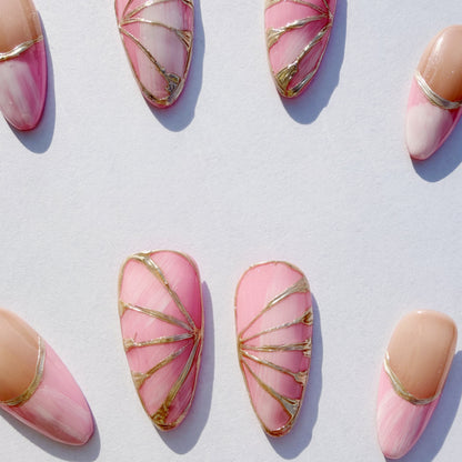 Luxury Press-On Nails | Pink & Nude French Manicure with Gold Foil Butterfly | Reusable, Almond Shape