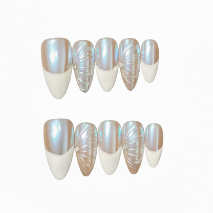 Luxury Press-On Nails | Iridescent Chrome French Manicure with 3D Feather/Fan | Reusable, Almond Shape