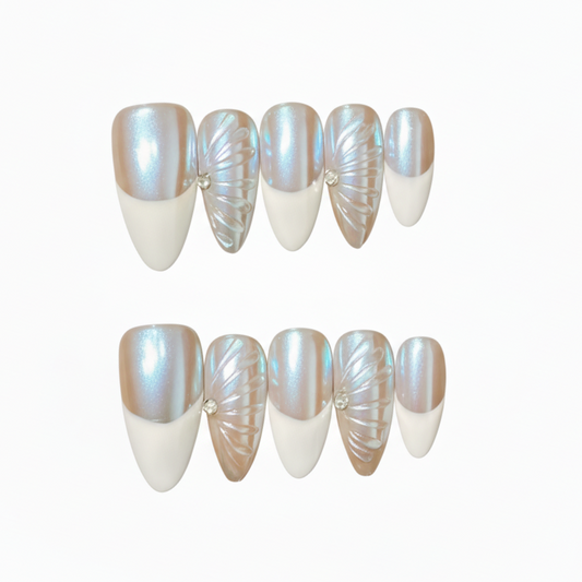 Luxury Press-On Nails | Iridescent Chrome French Manicure with 3D Feather/Fan | Reusable, Almond Shape