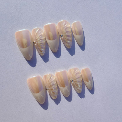 Luxury Press-On Nails | Iridescent Chrome French Manicure with 3D Feather/Fan | Reusable, Almond Shape