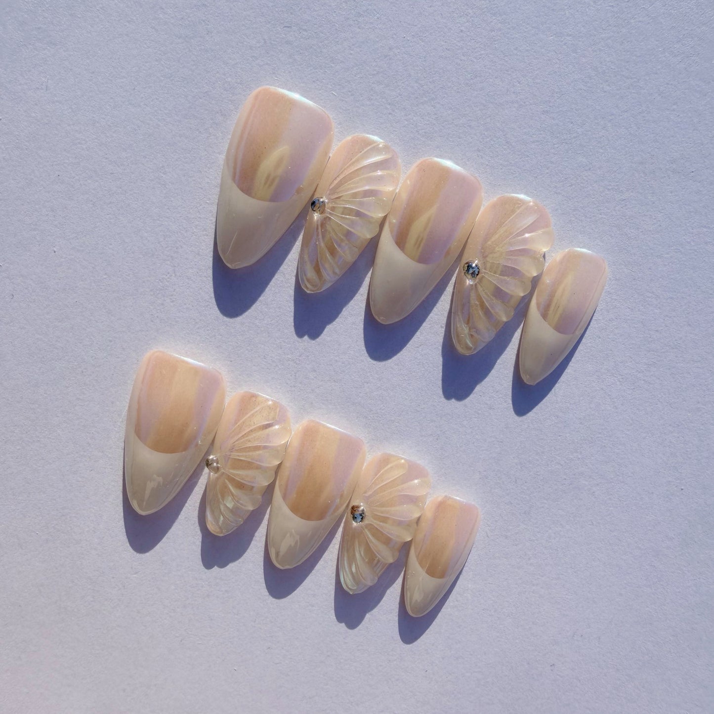 Luxury Press-On Nails | Iridescent Chrome French Manicure with 3D Feather/Fan | Reusable, Almond Shape