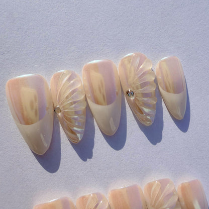Luxury Press-On Nails | Iridescent Chrome French Manicure with 3D Feather/Fan | Reusable, Almond Shape