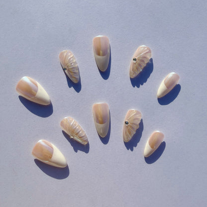 Luxury Press-On Nails | Iridescent Chrome French Manicure with 3D Feather/Fan | Reusable, Almond Shape