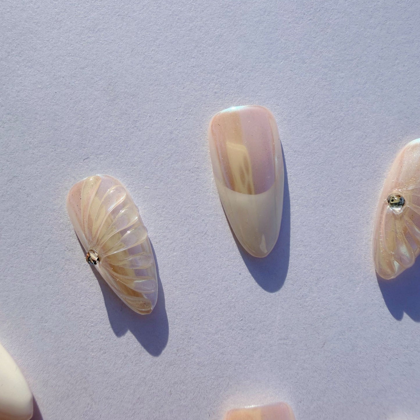 Luxury Press-On Nails | Iridescent Chrome French Manicure with 3D Feather/Fan | Reusable, Almond Shape