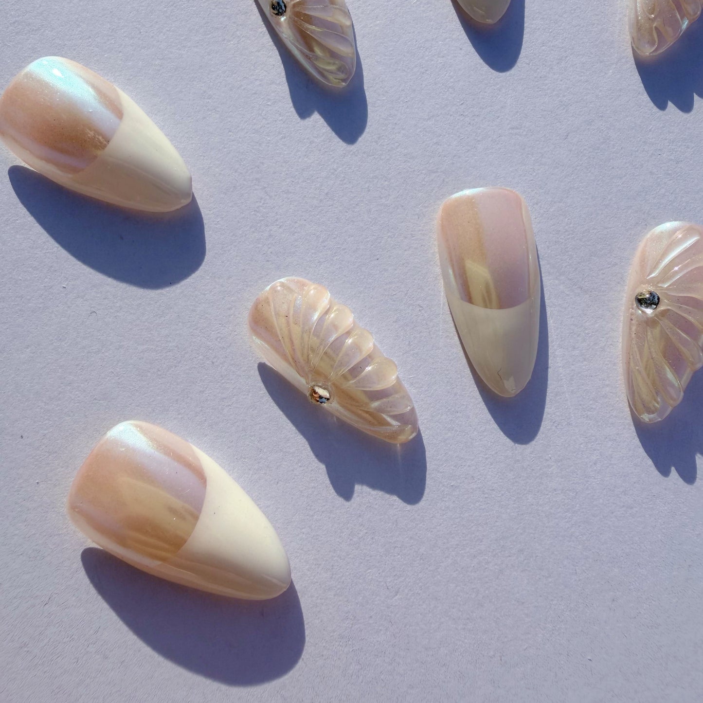 Luxury Press-On Nails | Iridescent Chrome French Manicure with 3D Feather/Fan | Reusable, Almond Shape